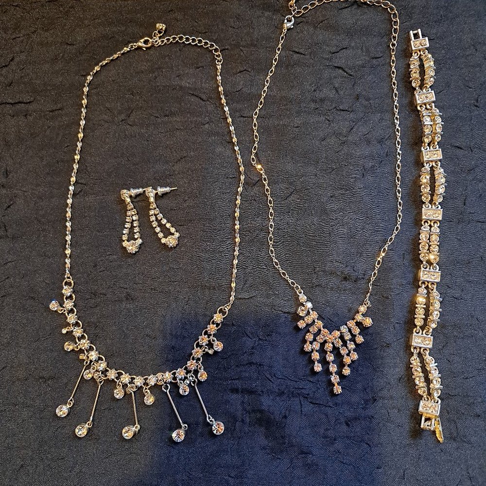 Vintage Filene's Faux Diamond Set 2 Necklaces, Bracelet, Earrings